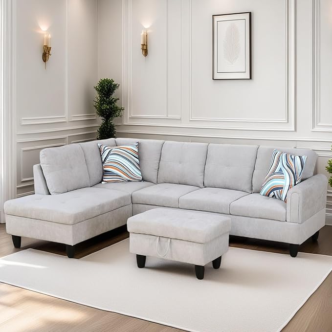 FONTOI L Shaped Sectional Couches for Living Room, Modular Sectional Sofa with Ottoman Storage, Modern Comfy 4 Seat L Shaped Couch with Chaise for Bedroom Apartment Furniture, Gray