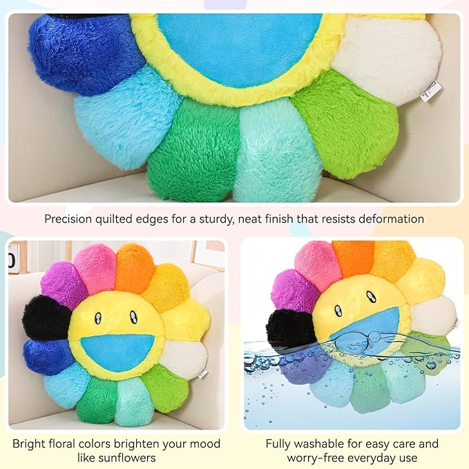 Flower Pillow,Flower Shaped Throw Pillow,Cute Smiley Face Floor Cushions,Colorful Sunflower Plush Pillows,Cute Plushie Room Decor,Mothers Day Pillows for Bedroom,Sofa,Dorm (Colourful,23.6In)