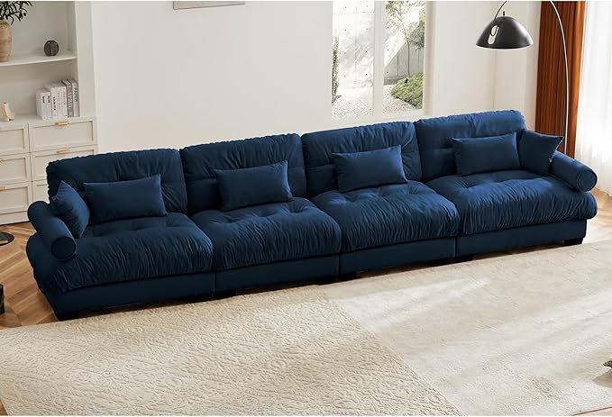 KEIKI 166" Oversized Velvet Modular Sectional Sofa with High-Density Foam Cushions and Bolstered Armrests, Upholstered Modern Style 4-Seater Cloud Couch with 6 Pillow, for Apartment, Living Room, Blue