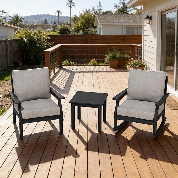 HDPE Patio Conversation Set, 3-Piece All Weather Outdoor Furniture Set with 1 Single Sofa，1 Rocking Sofa for Deck, Lawn, with Cushion, Black