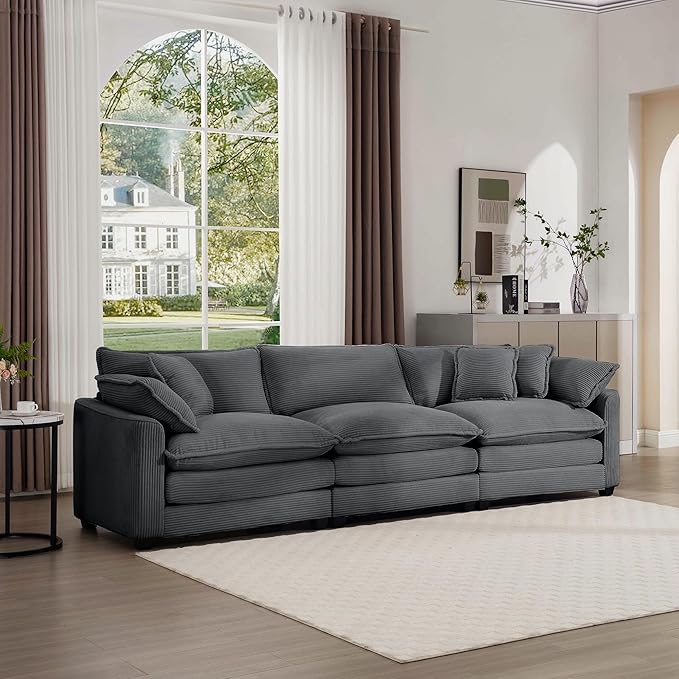 KEIKI 115" Oversized Corduroy Modular Sectional Cloud Sofa with High-Density Foam Cushions, Removable Armrests, Upholstered Modern 3-Seater Fluffy Corner Couch with 5 Pillow, for Living Room, Grey