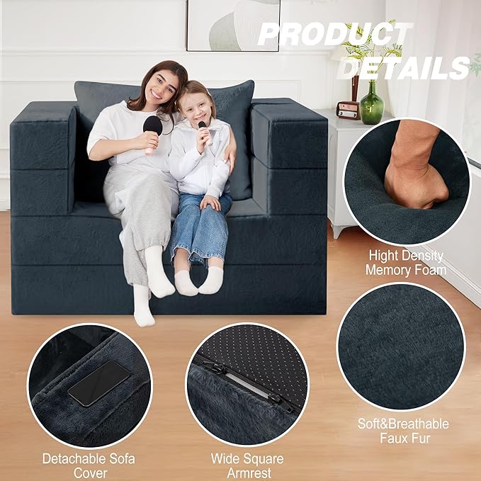 Futon Sofa Bed with Pillow, 3-in-1 Sleeper Sofa Bed with Removable Cover, Convertible Floor Sofa Bed, No Assembly Boneless Couch for Living Room, Bedroom