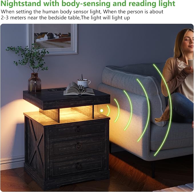 WOOVIVS Side Table with Gun Drawer - Farmhouse Night Stand with Charging Station for Bedroom, Smart End Table with LED Lights for Livingroom, Hidden Compartment Nightstands-Rustic Brown - Image 6