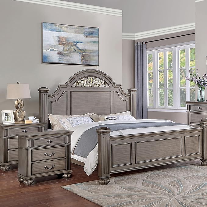 Furniture of America Malierd Traditional Wood 3-Piece Bedroom Set, Panel King-Size Bed and 3-Drawer Nightstand for Bedroom, Gray