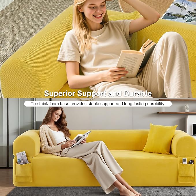 83'' Boneless Sofa in A Box, 3-Seater Floor Sofa No Assembly Corduroy Couch for Living Room, Cloud Couch with 2 Pillows & Storage Bag, Memory Foam Small Floor Couches for Office, Bright Yellow