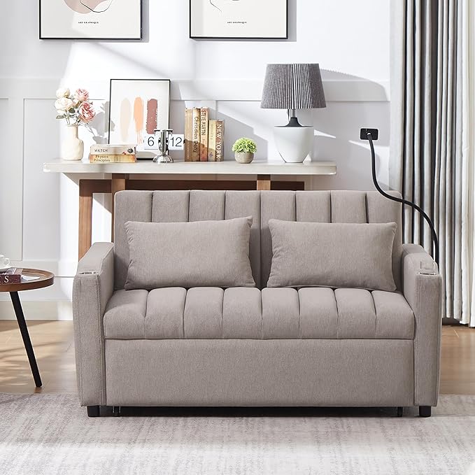 Eafurn 3 in 1 Convertible Sleeper Sofa Bed - Pull Out Couch Bed with Side Pockets, 55.9" Futon Love Seat Sleeper with Cup Holders and 360°Swivel Phone Holder for Living Room