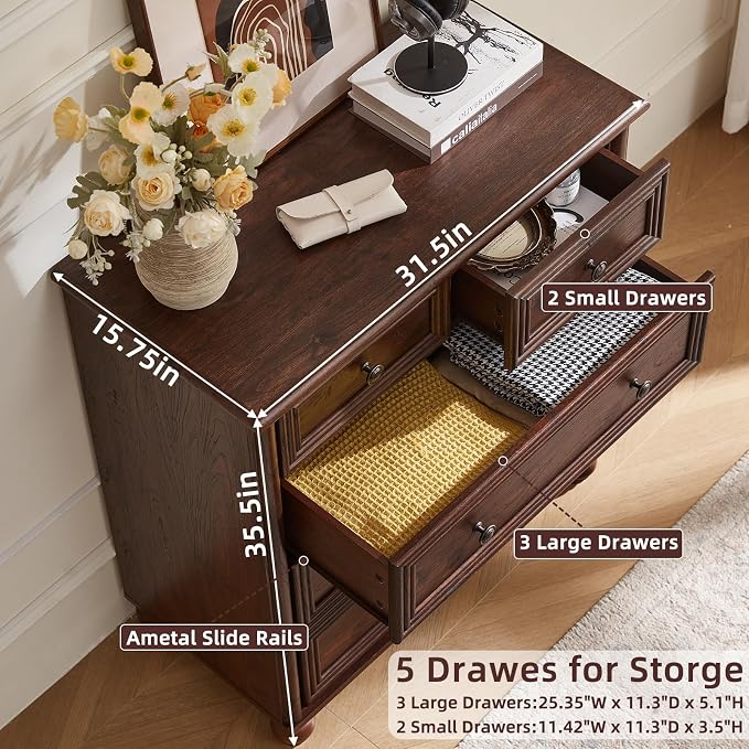 RWYHG Farmhouse 5 Drawer Dresser Set of 2 for Bedroom, 35.5" Walnut Tall Small Dressers & Chest of Drawers, Rustic Wood Dresser with Roman Column, Storage Organizer for Living Room, Hallway, Closet - Image 7