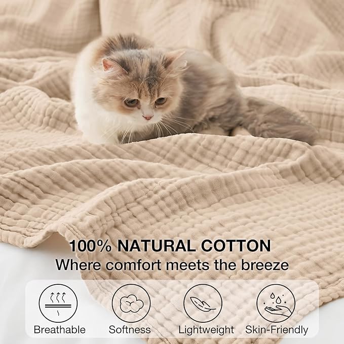 100% Cotton Muslin Blanket Twin 60" x 80", Breathable and Lightweight Cotton Twin Blankets for Couch, Soft Cooling Summer Gauze Blanket for Adults All Season, Beige