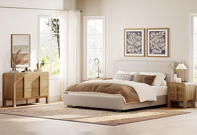 WAMPAT Dresser and Nightstand Sets, 47.2" W Mid Century Modern Chest of Drawers, Wood 6 Drawer Dresser & Nightstand with Charging Station, Curved Profile Design (Light Walnut, 3 PCS)