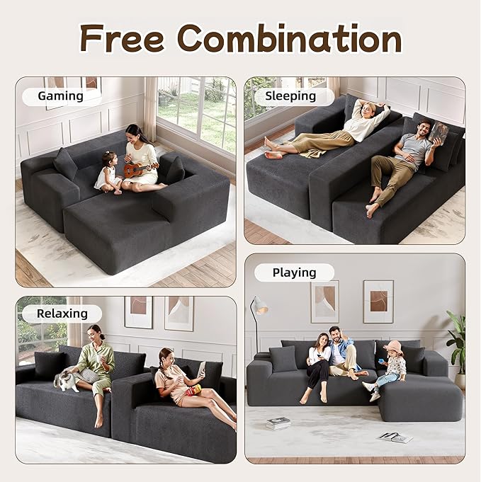L-Shape Cloud Sectional Sofa, 104” Modern Modular Boneless Couch with Left Chaise Lounge, Compressed Floor Sofa with 5 Pillows & Deep Seat, Rain Drop Velvet Couch for Living Room, Dark Gray