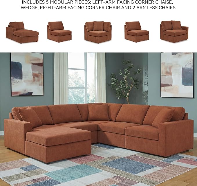 Signature Design by Ashley Casual Modmax Stain Resistant U-Shape Right-Arm Facing 5-Piece Sectional with Chaise and Reversible Cushion, Orange