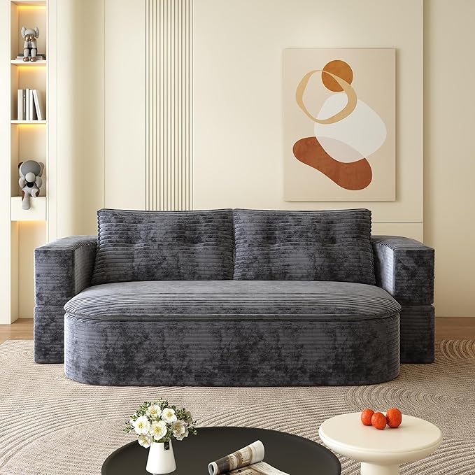 78.7" Convertible Sofa Bed, 2-in-1 Folding Floor Couch with 2 Pillows and Blanket, Plush Corduroy Fabric Sleeper Sofa for Living Room and Bedroom, No Assembly Required (Dark Grey)