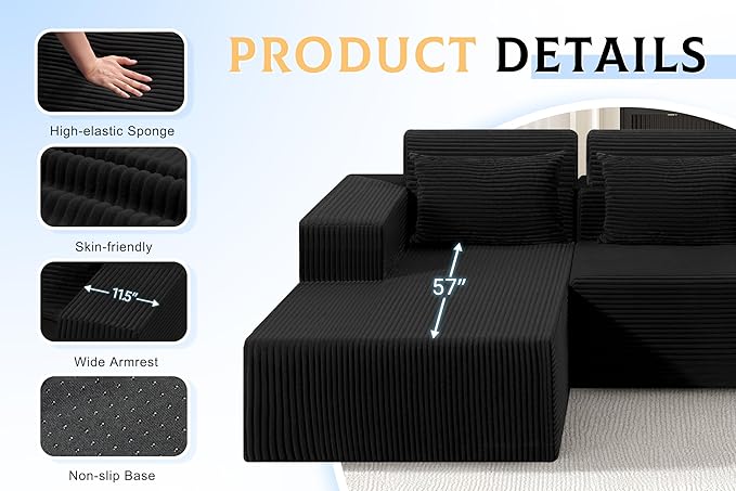Homguava Modular Sectional Couches for Living Room,105" Cloud Couch with L-Shape Chaise,Comfy Sofa Living Room Sofas with Deep Seat,No Assembly L Couch,Corduroy Fabric(Black,L)