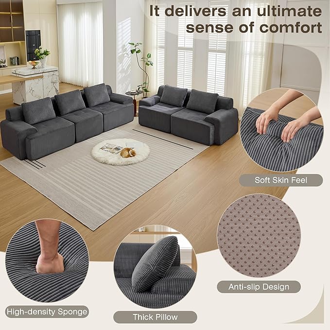 Modular Sectional Sofa, 6 Seat Modular Couch, Modular Sofa with Deep Seat and Detachable Pillow (Grey, Rowshape 2 Side)