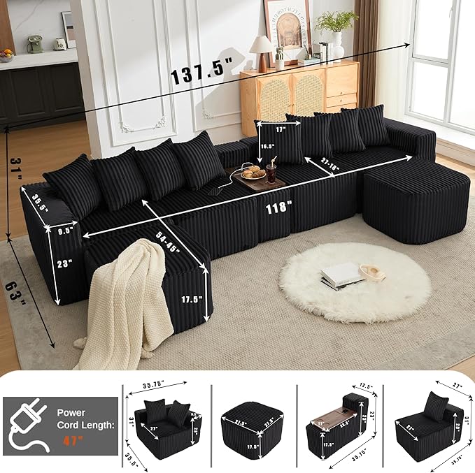 Oversized Cloud Modular Sectional Sofa Boneless Couch with Movable Ottomans,Free Combination Memory Foam Floor Couch with Charging Port & Cup Holders for Living Room | Coffee Table Board, Wireless Charge, No Assembly