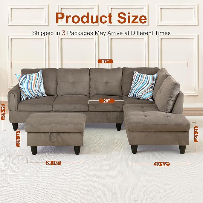 L Shaped Couch Sectional Couch Upholstered Velvet 3 Pieces Sofas for Living Room with Chaise, Ottoman with Storage for Office and Small Apartment, Brown Pineapple
