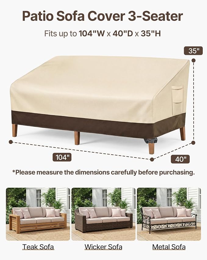 Vailge Heavy Duty Patio Sofa Cover, 100% Waterproof 3-Seater Outdoor Sofa Cover,Lawn Patio Furniture Covers with Air Vent and Handle,Beige&Brown - Image 2