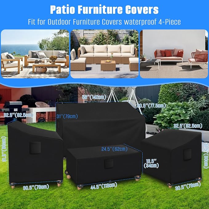 SIRUITON Patio Furniture Covers 4 Piece Set Waterproof Outdoor Patio Furniture Set Covers, 600D Heavy Duty Durable and Water Resistant Fabric Fit for Chairs, Couch, Coffee Table -XX-Large Black - Image 2