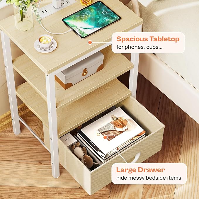 SUPERJARE Nightstand with Charging Station, Bed Side Table with Adjustable Fabric Drawer, Night Stand for Bedroom, 3-Tier Storage End Table, for Living Room, White Maple - Image 5