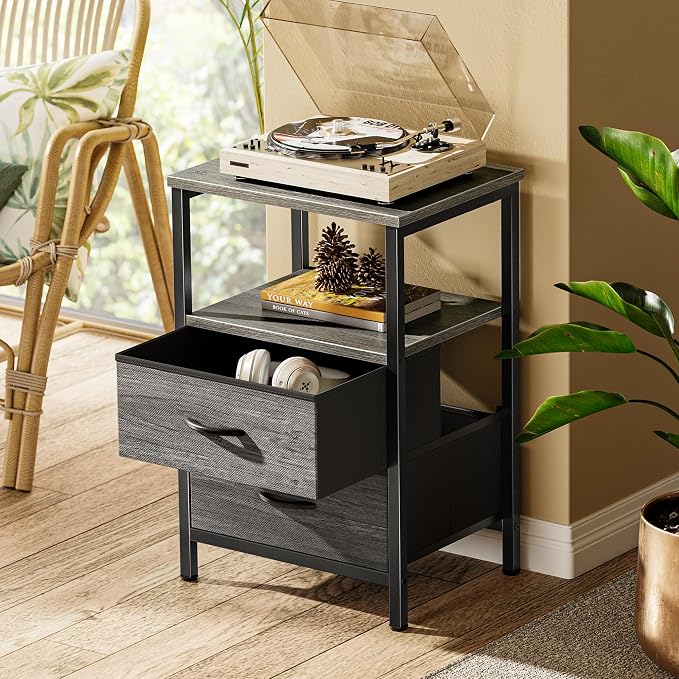 Huuger Night Stand Set of 2, Nightstand with 2 Drawers, Bed Side Table with Open Shelf, Wooden Top, End Table, Fabric Drawer, for Bedroom, Gery - Image 2