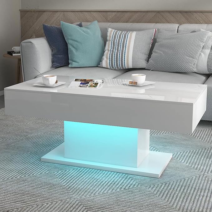 Led Coffee Table for Living Room, Living Room Table Rectangular Center Table, Modern High Glossy Wooden Coffee Tables with 16 Colors LED Lights for Dining Reception Room, White