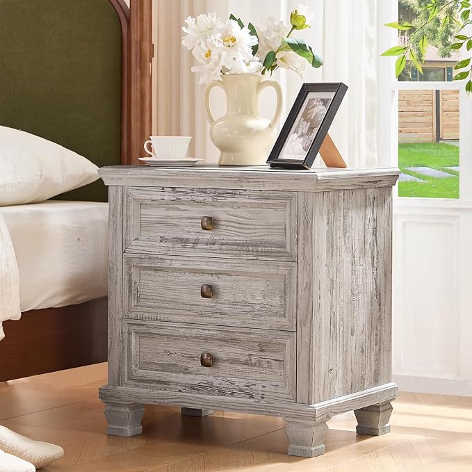 SAVOR LIFE Farmhouse Nightstand Set of 2, Rustic Accent End Table with 3 Drawers & 4 Square Solid Wood Legs, Vintage Bed Side Table with Storage, Small Dresser for Bedroom, Living Room, Grey - Image 5