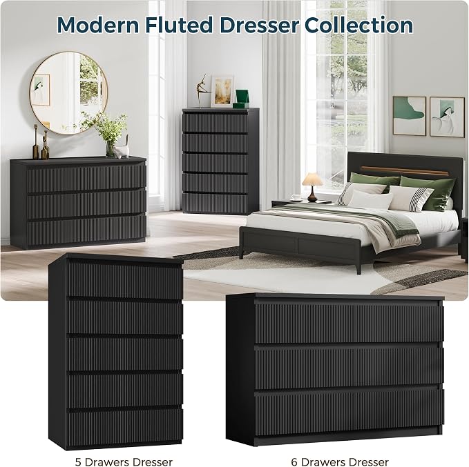 Jocoevol 5 Drawer Dresser, 43" Tall Dresser Chest of Drawers Fluted Design, Wood Mid Century Vertical Dresser Natural Texture for Bedroom, Black Dresser - Image 8