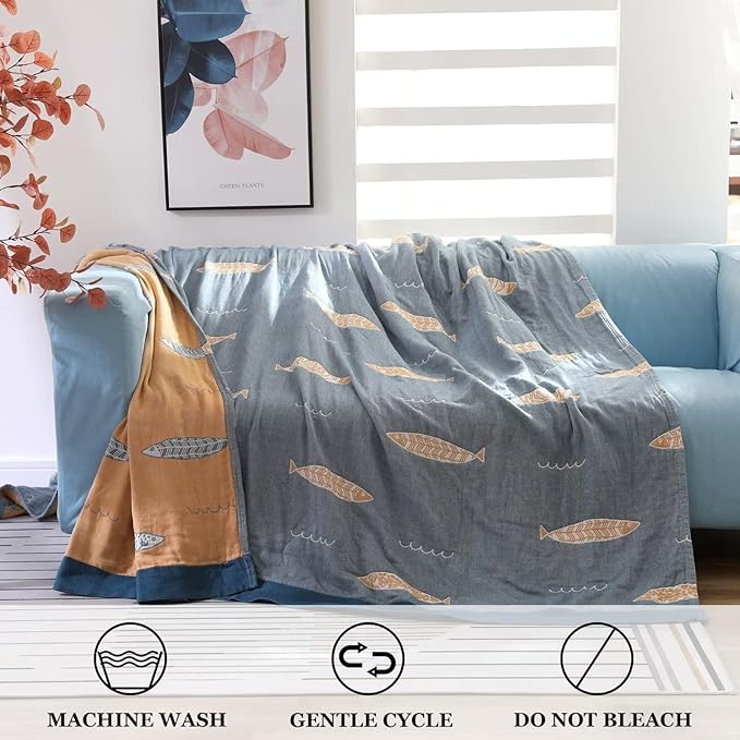 Boho Throw Blanket for Bed 100% Cotton Ultra Soft Rustic Quilt Spring Blanket Fish Farmhouse Decor Bed Blankets,60"x80" All Season Rustic Throw for Sofa Couch Chair