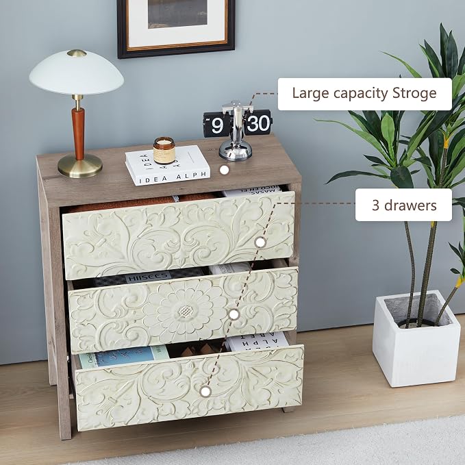 3 Drawer Dresser, Vintage French Chest of Drawers with Storage, Farmhouse Distressed Boho Nightstands Set of 2, Small Wide Dresser for Bedroom Hallway Living Room Entryway (2, Rustic Brown Gray) - Image 7