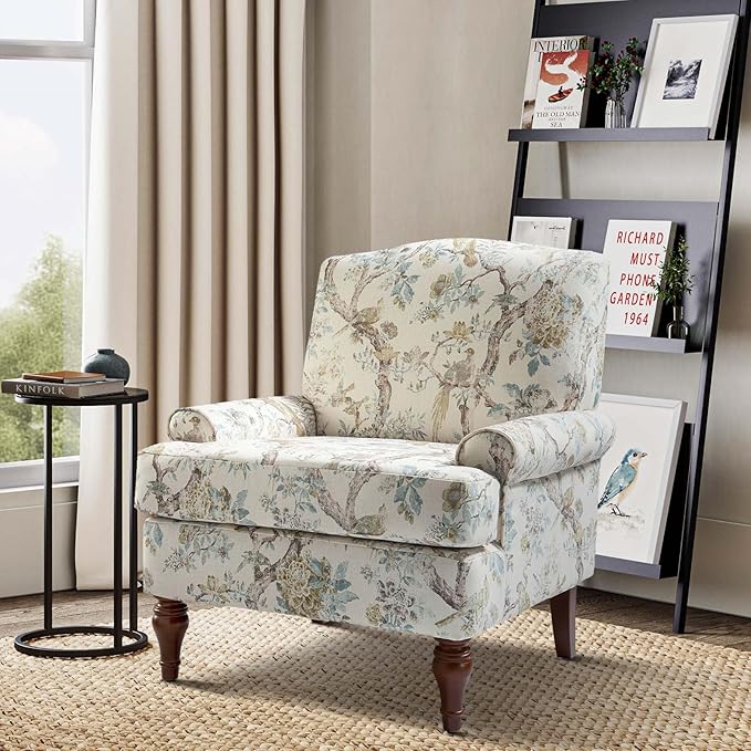 HULALA HOME Accent Chair Set of 2 with Solid Legs & Removable Cushion, Farmhouse Floral Comfy Upholstered Armchair, Leisure Single Sofa Chair for Living Room Bedroom