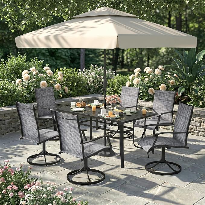 7 Pieces Patio Table and Chairs Set, 63" Metal Dining Table with Umbrella Hole, 6 High Back Textilene Swivel Chairs, Dining Table Set for 6, Outdoor Furniture for Porch Deck Yard Balcony, Grey - Image 7