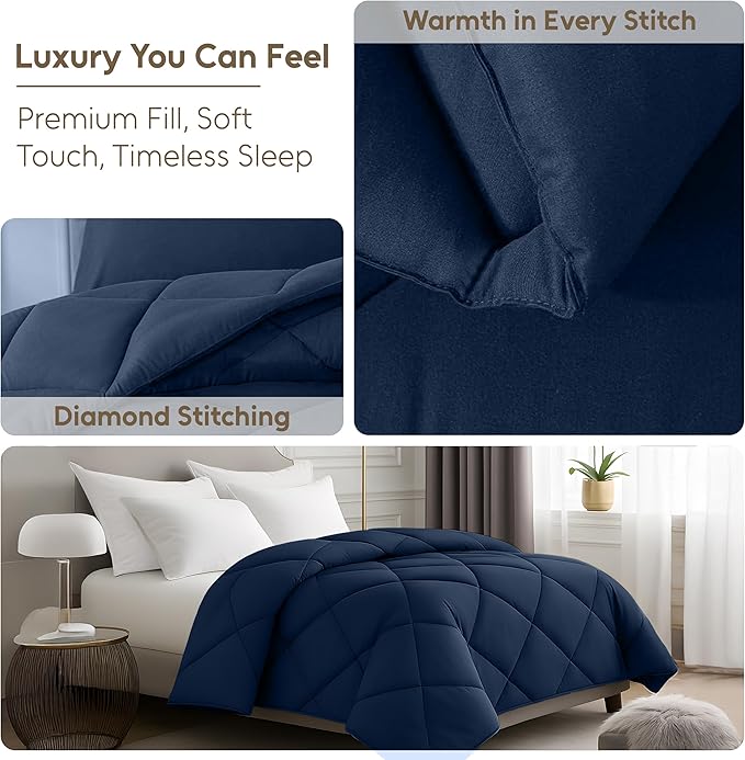 LUX Décor Lightweight Comforter Twin Size - Soft Breathable Down Alternative Diamond Stitched, All Season Navy Comforter with Double Stitched Piping, Oeko-TEX