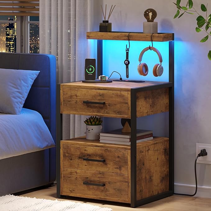 VIAGDO Led Nightstand with Charging Station, 3 Drawers Night Stands with Led Lights, Rustic Brown Bedside Tables with Storage Shelves, Modern End Side Tables for Bedroom, Office by VIAGDO