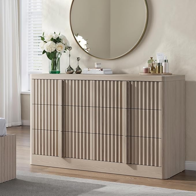 Fluted Dresser and Nightstand 4-Piece Bedroom Set, 47" Wide 6-Drawer + 49" Tall 6-Drawer Dresser and 2 of 3-Drawer Nightstand with Charging Station, Modern Bedroom Dressers Sets, Hallway, White Alder