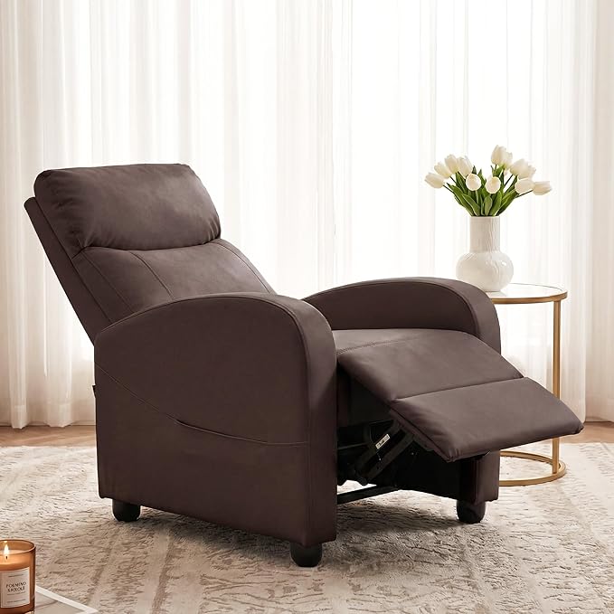 Sweetcrispy Recliner Chair PU Leather Recliner Sofa No Massage, Home Theater Seating with Lumbar Support, Adjustable Push Back Overstuffed High-Density Sponge Reclining for Living Room, Brown