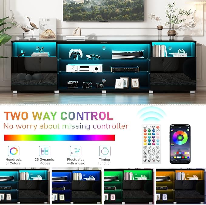 Hlivelood 86.6" Large LED TV Stand for 90/100Inch TV, High Glossy Black TV Stand for Living Room Suitable for Projector,Modern Gaming TV Entertainment Center with Adjustable Storage Shelf,TV Console - Image 5