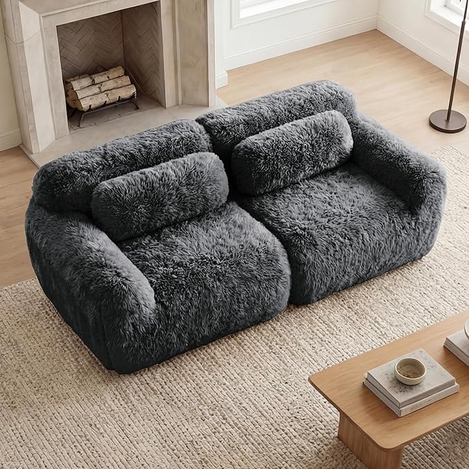 80.4-Inch Boneless Love Seat Couches in a Box, Modern 2 Seat Floor Modular Foam Cloud Sofa Faux Fur Loveseat Couch W/Angle Armrests for Home Apartments Bedroom