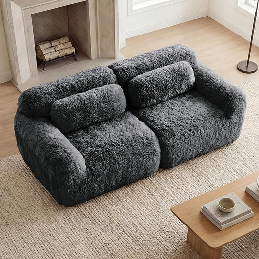 80.4-Inch Boneless Love Seat Couches in a Box, Modern 2 Seat Floor Modular Foam Cloud Sofa Faux Fur Loveseat Couch W/Angle Armrests for Home Apartments Bedroom