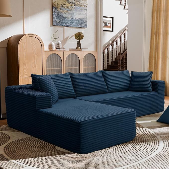 106" Modular Sectional Sofa, Blue Corduroy Cloud Couch with Right Chaise, Deep Seat Boneless Floor Sofa for Living Room, High-Resilience Foam Support, No Assembly Required, Includes Pillows | Sectional Sofa, Corduroy Cloud, Boneless, High-Resilience, N...