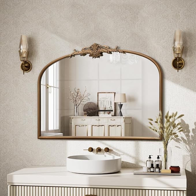 Besdomus Vintage Arched Gold Mirror: 32"x24" French Large Gold Vintage Wall Mounted Mirror - Baroque Traditional Ornate for Bedroom/Fireplace/Bathroom/Hallway - Wall Decor for Fashion-Conscious - Image 3