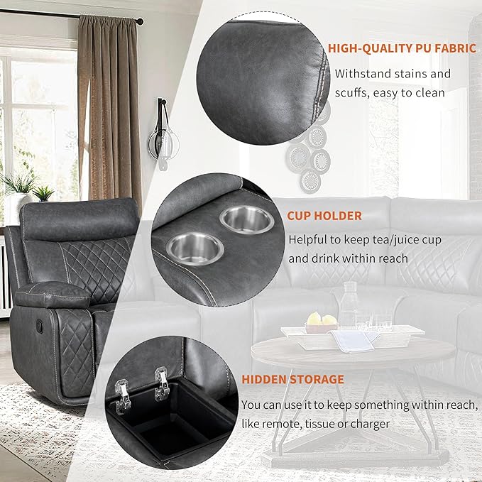 ERYE Modern Manual Reclining Corner Sectional Sofa,L-Shaped Faux Leather Upholstered Motion Recliner Sofa Couch W/Storage Console and 2 Cup Holders for Living Room Home Theater