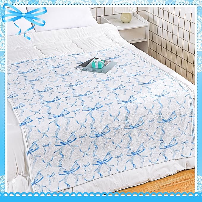 Buryeah Blue Bow Throw Blanket Valentine's Day Galentines Day Gifts Preppy Blanket Coquette 50 X60 Flannel Soft Cute Bow Lightweight Aesthetic Room Decor for Women Friends for Sofa Couch Travel Bed