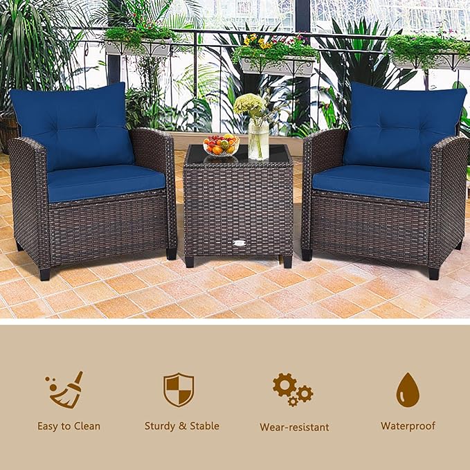 KOTEK 3 Piece Patio Furniture Set, Outdoor Conversation Set with Washable Cushions & Tempered Glass Tabletop, PE Rattan Wicker Bistro Set for Porch, Garden, Balcony (Navy Blue)