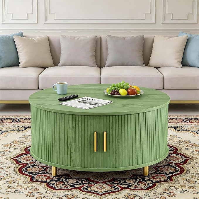 DHH Round Coffee Table, 31.5" Mid Century Modern Coffee Table with 360° Sliding Tambour Door, Fluted Accent Table with Storage Adjustable Footpads for Living Room (Green)