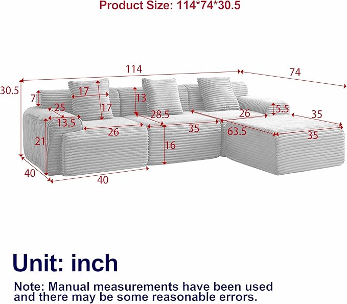 Cloud Compressed Modular Sectional Sofa, Comfy Corduroy Boneless Couch for Living Room, Modern L-Shaped Corner Couch with Reversible Ottoman, Non Slip, No Assembly & Deep Seat | Plush, Wider Armrest, Free Combination