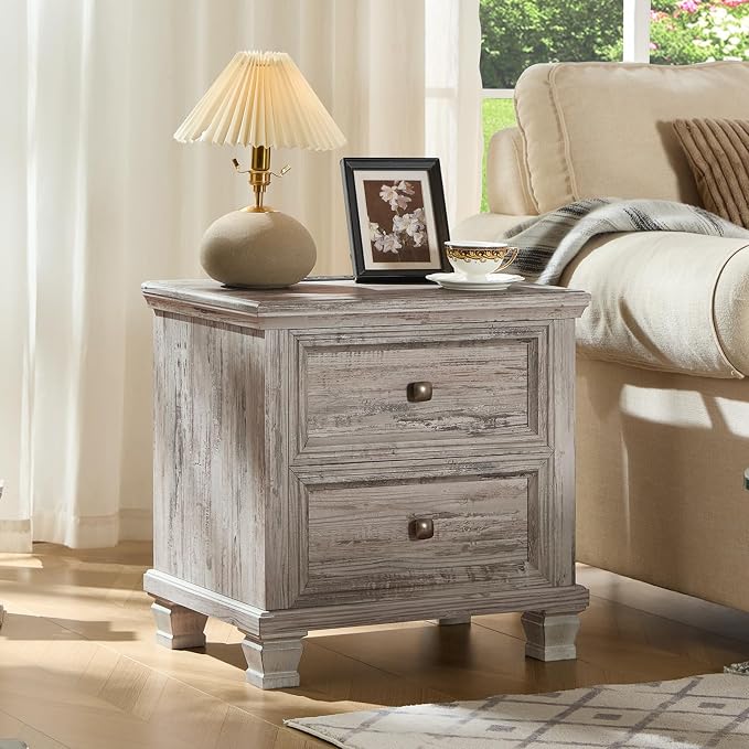 SAVOR LIFE Farmhouse Nightstand Set of 2 for Bedroom, Mid-Century Low Nightstands with 2 Drawers & Charging Station, Vintage Night Stands with 4 Square Solid Wood Legs, Small Dresser for Home, Grey - Image 6
