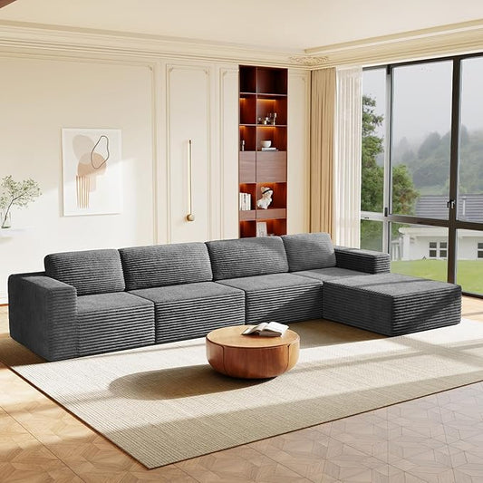 Vesgantti 159" Large Modular Sectional Sofa, L-Shaped Corduroy Cloud Couch with Deep Seats & Spring Support, 4-Seater Boneless Sofa with Movable Ottoman, No Assembly Needed, Grey