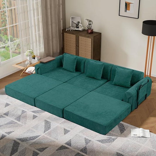 100" Convertible Sleeper Sofa Bed, Oversized Modular Sectional Cloud Sofa with Fixed-Shape Frame & Tabletop, Boneless Couch with Storage Pocket for Living Room, No Assembly Required, Green