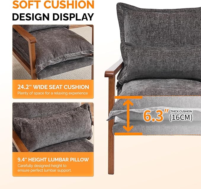 VINGLI Mid-Century Modern Cloud Accent Armchairs Set of 2 with Lumbar Pillow, 6.3'' Thick Seat Cushion Reading Chairs with Wooden Armrests, Boho Lounge Chair for Bedroom, Living Room, Chenille, Grey