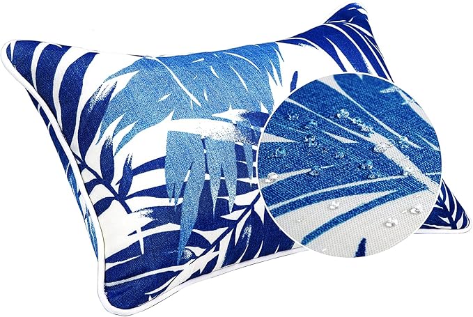 JMGBird Outdoor Pillows Set of 2 with Inserts - 12x20 Waterproof Throw Pillows for Patio Furniture, White Blue Palm Leaf Decorative Cushions